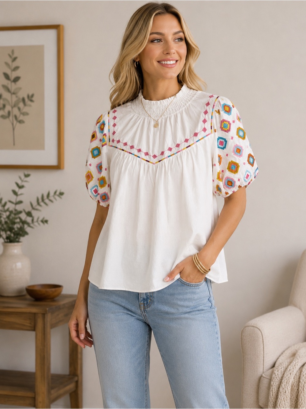 Boho Aztec Southwest Embroidered Women's Top Multicolor Small NWOT Flowy Fit